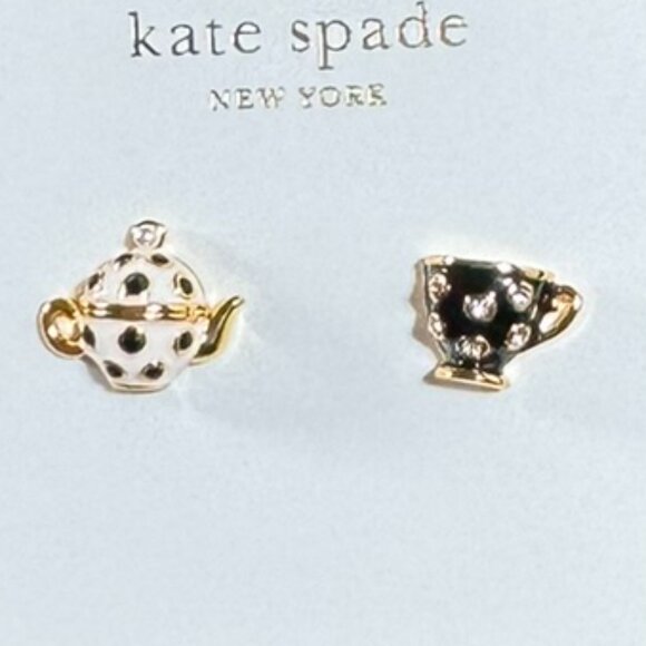 Kate Spade Tea Time Teapot & Teacup Stud Earrings NWOT - Gold Enamel - Picture 2 of 5